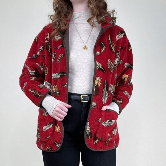 Vintage Fleece Novelty Print Light Jacket Cardigan Sweater Western Gorpcore Boho - Picture 10 of 10